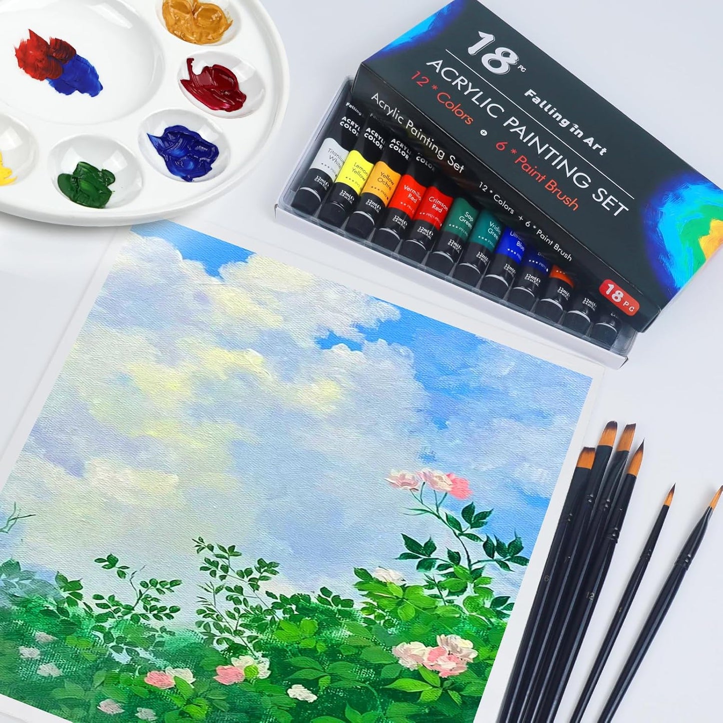Falling in Art Acrylic Paint Set, 12 Tubes Non-Toxic Rich Pigments Colors with 6 Paintbrushes, Ideal for Painting on Canvas, Wood, Fabric, Craft Paint Set for Beginners and Artists