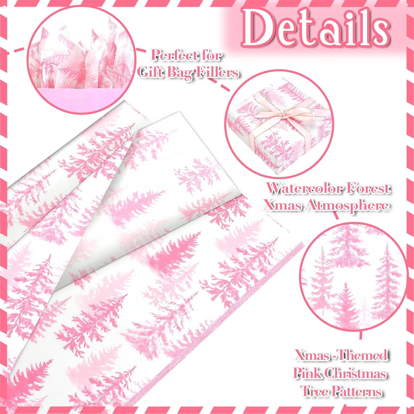 100 Sheets Christmas Tree Tissue Paper, 20x14in Forest Style Wrapping Tissue Watercolor Xmas Tree Art Tissue for Xmas Party Gift Bag Fillers Winter Party Decor (Pink)