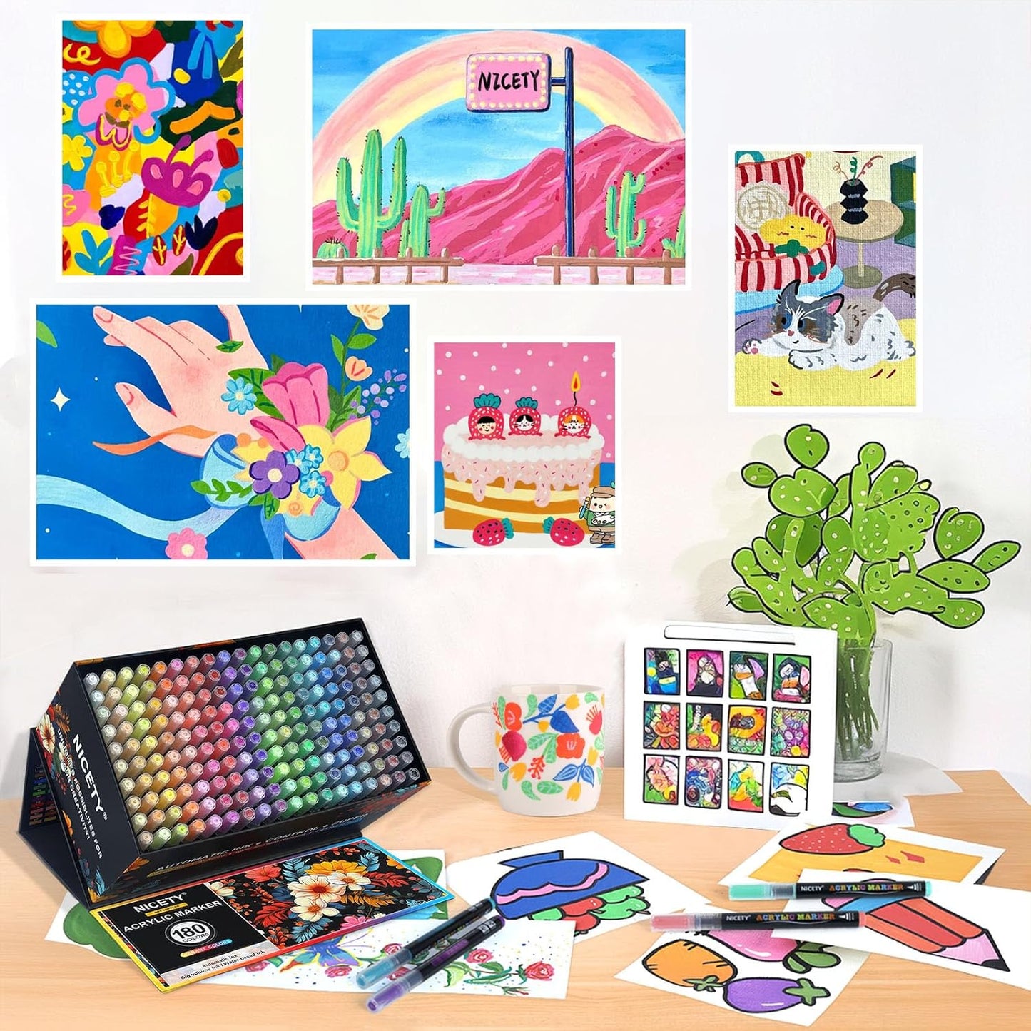 NICETY 180 Acrylic Paint Markers, Acrylic Paint Pens Brush Tip for Rock Painting, Wood, Glass, Stone, Canvas, Ceramic, Fabric - Acrylic Markers DIY Craft & Art Supplies for Adults, Artists