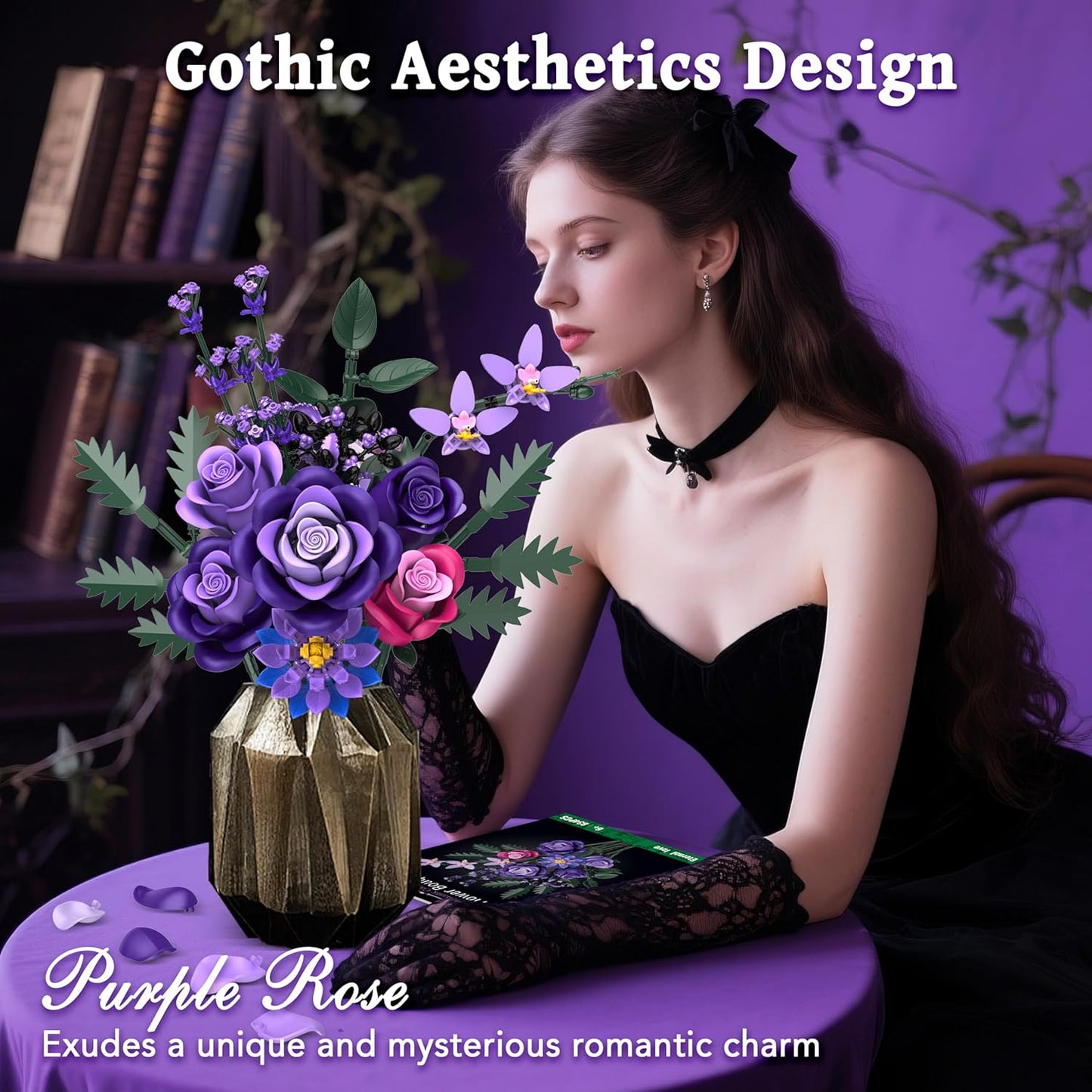Purple Roses Flower Bouquet Building Sets, 834PCS Artificial Flowers Botanical Collection Compatible with Lego Flowers for Adults Gothic Halloween Decor, Gifts for Halloween Christmas Valentines Day