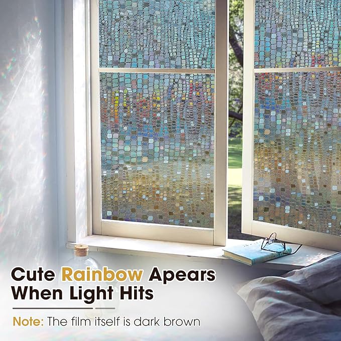 Windimiley Rainbow Window Privacy Film, 3D Stained Glass Christmas Decorative Window Clings, UV Heat Blocking Holographic Prism Stickers for Home (35.4 x 157.5In,Brown)