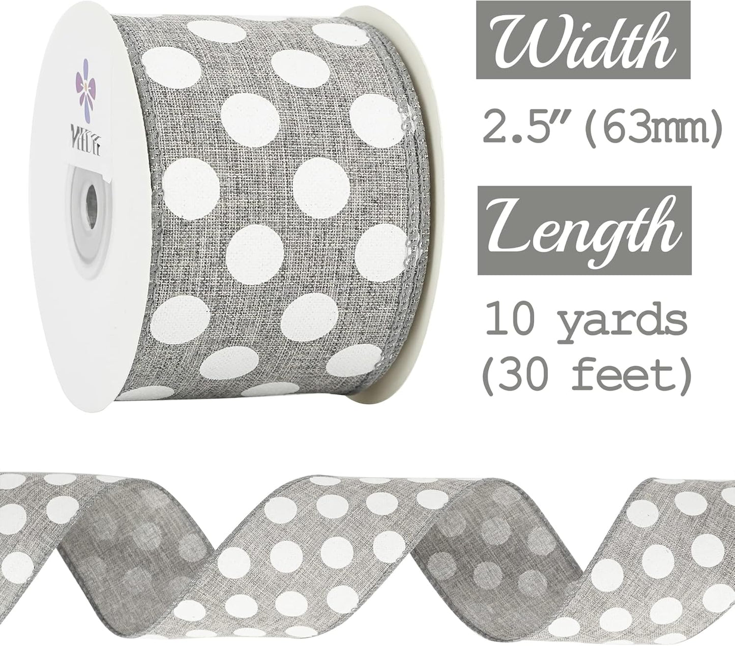 MEEDEE Polka Dots Burlap Ribbon - 2.5 Inch Wired Ribbon for Baby Shower, Farmhouse Decor, Elephant Wreath, Cakes - 10 Yards