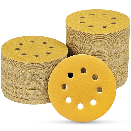 100PCS 5 Inch 8 Hole Sanding Discs 240 Grit,Gold Round Hook and Loop Sandpaper for Random Orbital Sander