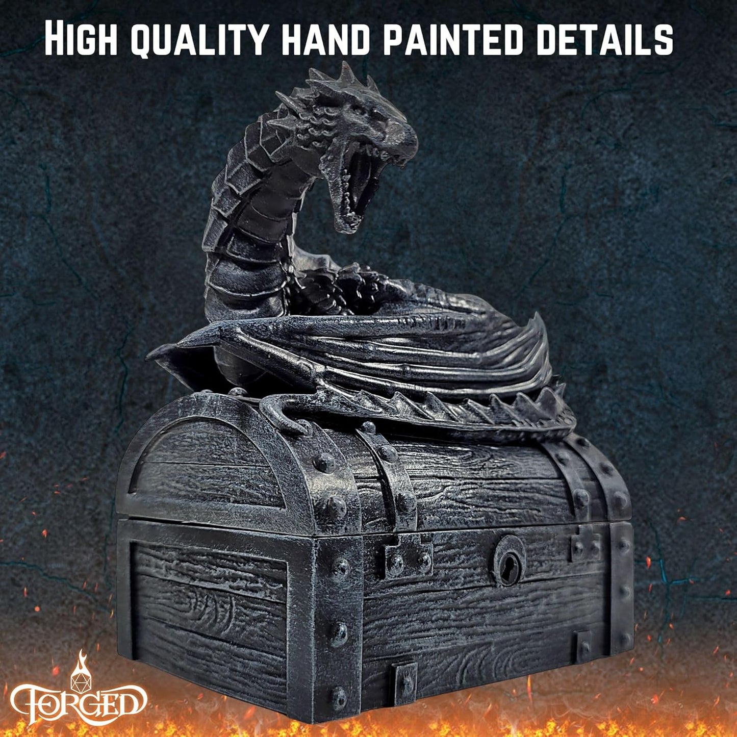 Forged Dice Co. Wyvern Dice Box with Lock and Key - Dragon Storage Chest Compatible with Dungeons and Dragons, D&D Miniatures, Dnd Accessories - Fits up to 4 Standard Polyhedral Sets - Black