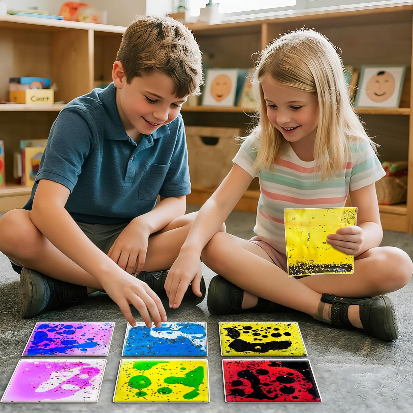 Squishy Liquid Sensory Tiles for Kids – 6" Soft Colorful Tactile Play Pads with Glitter for Visual Tracking, Desk, Calm Corner, Classroom or Quiet Play (6-Pack)