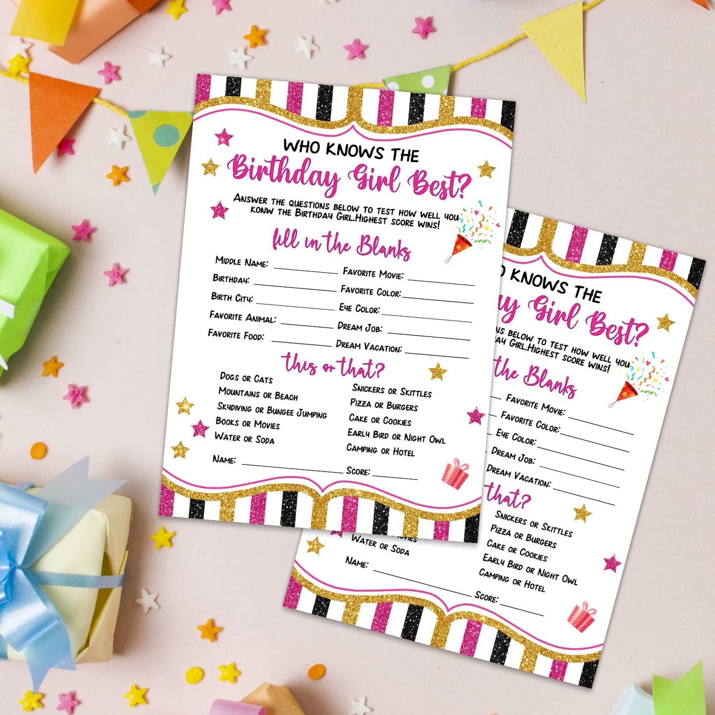 20 Pieces Who Knows The Birthday Girl Best Game Cards - Birthday Party Activity Game Card Set Girly Themed Party Activity and Idea - for Child or Teen - Girl Birthday Supplies, Activity, Decorations