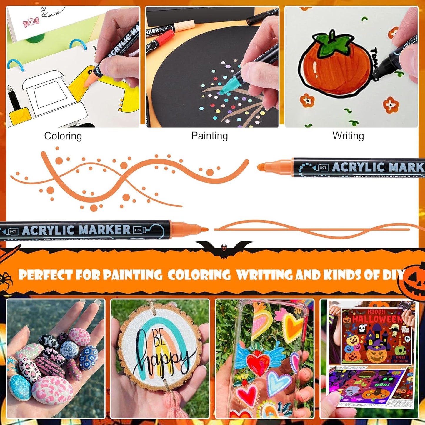 12 Colors Waterproof Dual Tip Acrylic Paint Pens, Dot & Fine Tip Premium Coloring Drawing Markers Set for Wood, Rock Painting, Canvas, Glass, Ceramic Surfaces and DIY Crafts Making Art Supplies