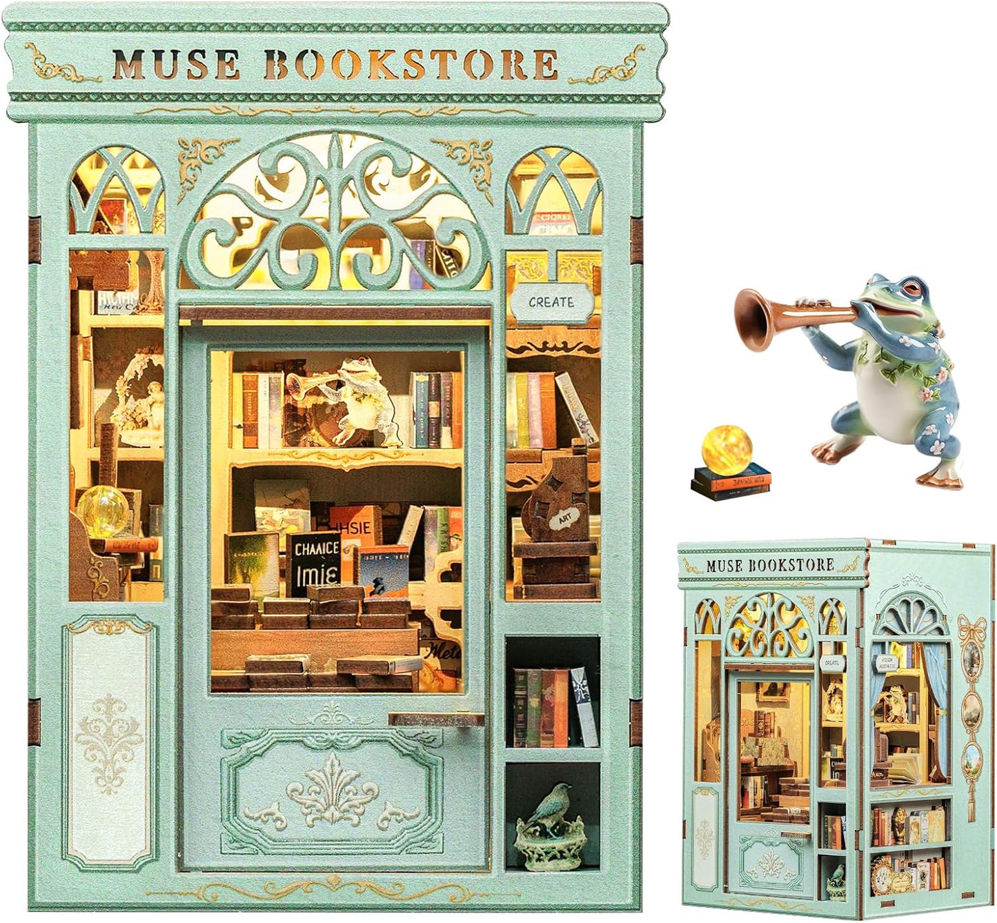 Fsolis Book Nook Kit - DIY Miniature House Kit 3D Puzzles for Adults Beginners Tiny House Mini Booknook Craft Bookshelf Decor, 281 Wooden Pieces, Gifts for Women Teenagers Book Lovers (Muse Bookstore)