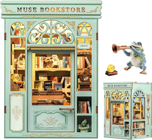 Fsolis Book Nook Kit - DIY Miniature House Kit 3D Puzzles for Adults Beginners Tiny House Mini Booknook Craft Bookshelf Decor, 281 Wooden Pieces, Gifts for Women Teenagers Book Lovers (Muse Bookstore)