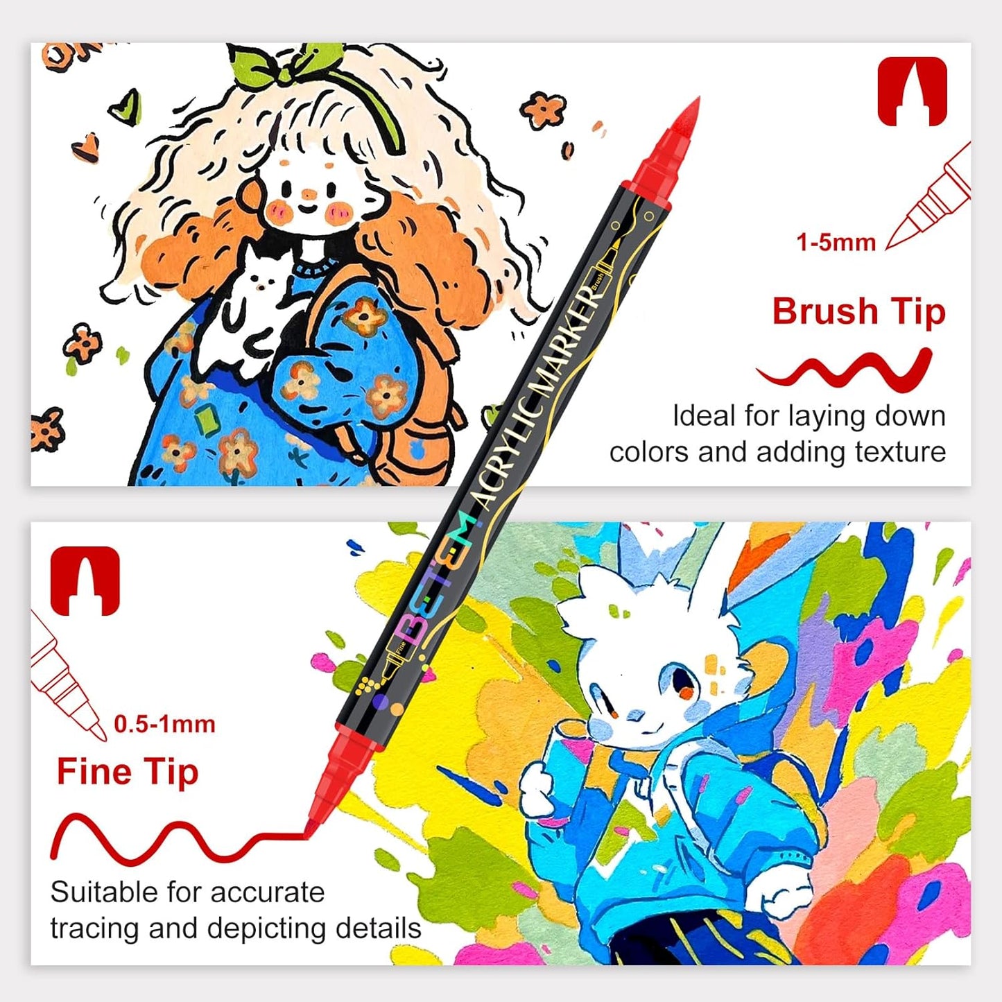 Betem Paint Markers Acrylic Paint Pens, Dual Tip 72 Colors Acrylic Markers with Brush Tip and Fine Point, Art Supplies for Wood, Canvas, Stone, Glass, Rock Painting Kit DIY Crafts Drawing Kit with Bag