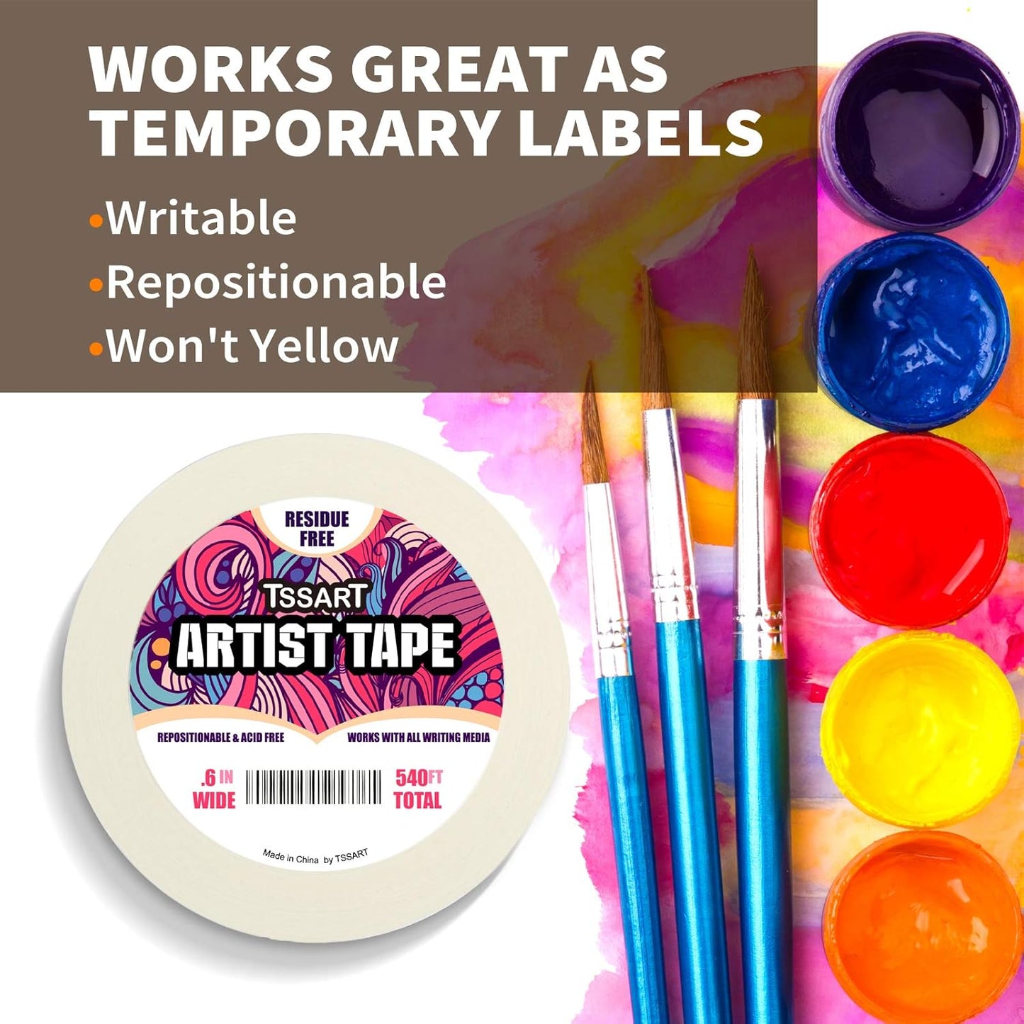 3 Pack White Artist Tape - Masking Artists Tape for Drafting Art Watercolor Painting Canvas Framing - Acid Free 0.6inch Wide 540FT Long Total