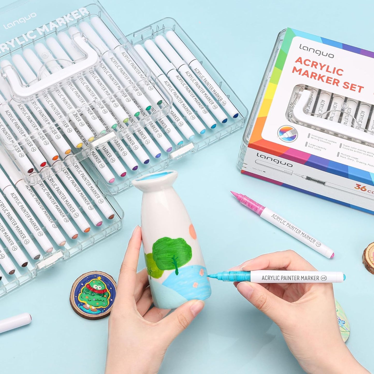 36 Colors Acrylic Paint Markers Pens Set, Soft Brush Tip Markers with Fast Drying & No-Bleed Ink, Acrylic Paint Pens for Rock, Wood, Egg, Ceramic, Fabric Painting, Art Supplies and DIY Crafts