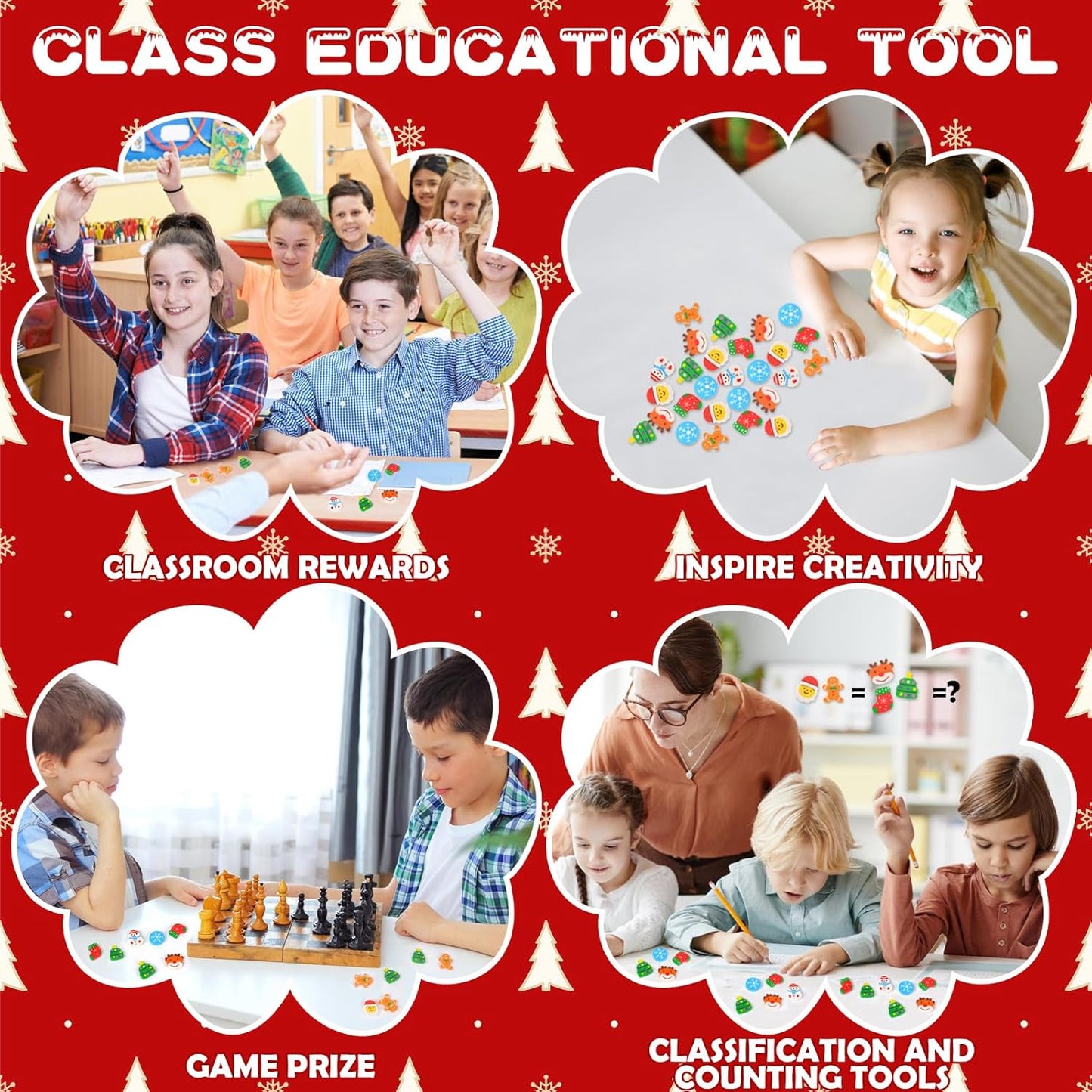 42 pcs Christmas Erasers for Kids Bulk Large Cute Snowflake Christmas Tree Pencils Erasers Novelty Desk Pets for Xmas Classroom Rewards Winter Kids Prizes Party Favors Goodie Bag Stuffers