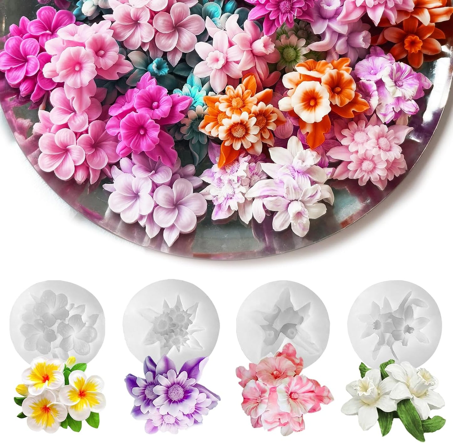 4PCS Flower Silicone Mold 3D Cute Flower Resin Candle Molds for Candle Making Sun Flowe Daffodils Petunia Plumeria Flowe Silicone Mold Resin Aromatherapy Gypsum Wax Soap Clay Craft