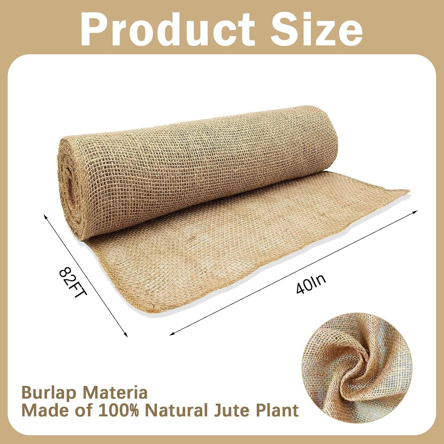 40InX82FT Burlap Rolls Multipurpose Jute Burlap Fabric for Garden Tree Wrap Outdoor Weed Barrier Protection for Plant Shrubs DIY Craft Projects and Party Decor