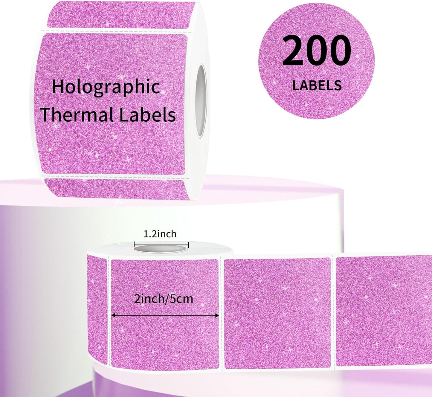 Square Thermal Labels Stickers 2" x 2", Holographic Thermal Stickers Labels, Waterproof Glitter Direct Thermal Printer Label for Small Business- Holographic Pink