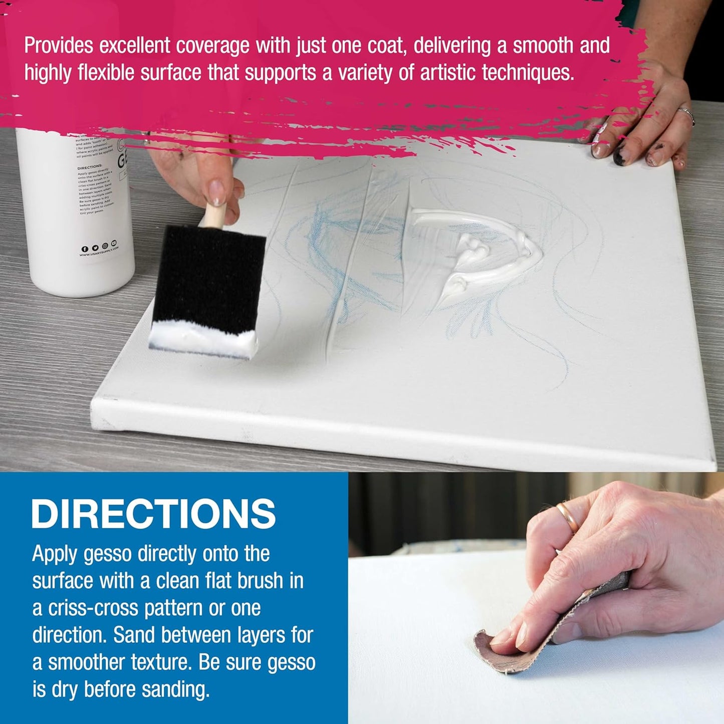 U.S. Art Supply Clear Gesso Primer (16oz) for Oil & Acrylic Painting - Enhances Blending & Canvas Paint Prep - Mixable Clear Gesso Primer for Acrylic Painting