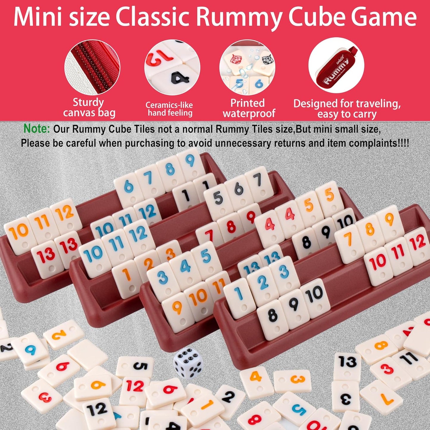 Smilejoy Mini Rummy Cube 4 Players Edition,Travel Rummy Game Set with Portable Canvas Bag,Classic Board Game for Adults and Kids |106 Tiles | 4 Playing Racks |1 Dice | (2-4 Player) ﻿