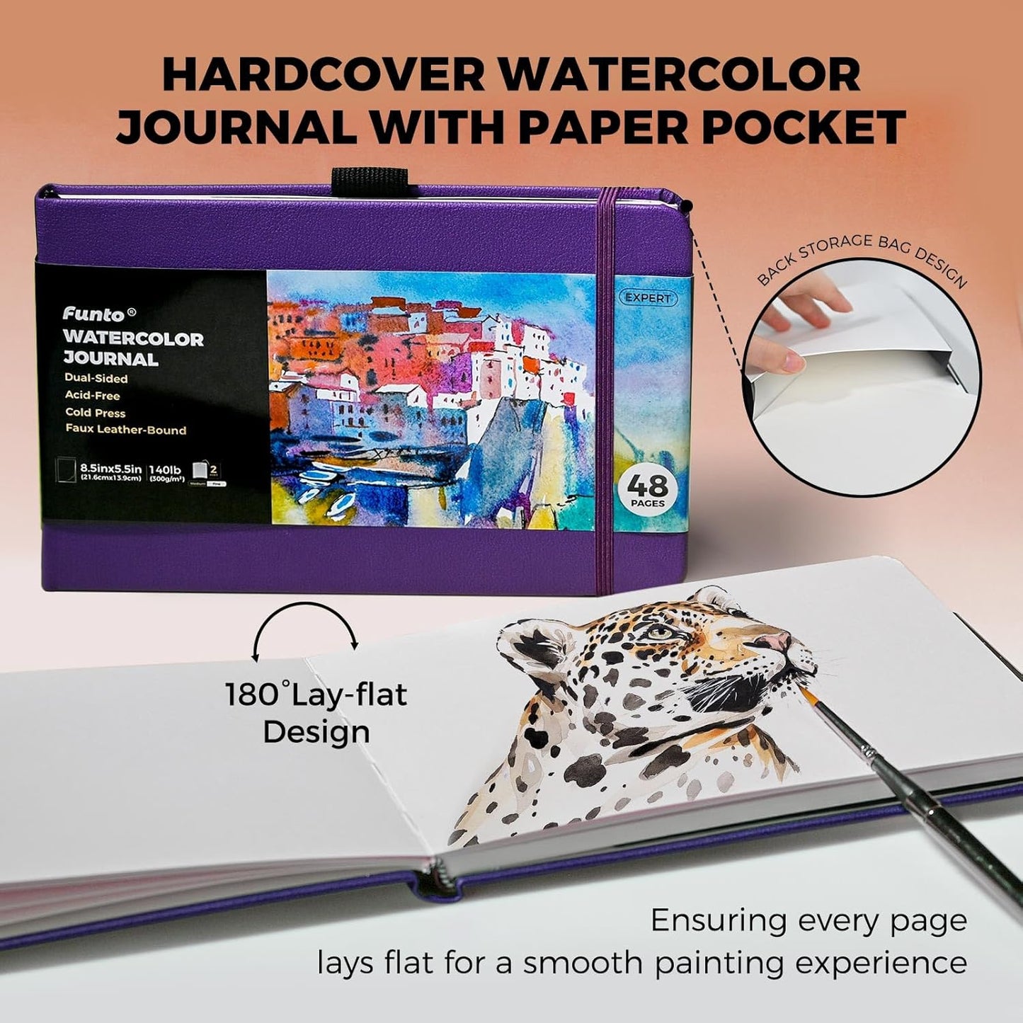 Funto Watercolor Journal, 8.5x5.5, 2 Pack, 48 Pages Each, Purple Leather Cover, Cold-Pressed, Inner Paper Pocket, Art Supplies for Mixed Media