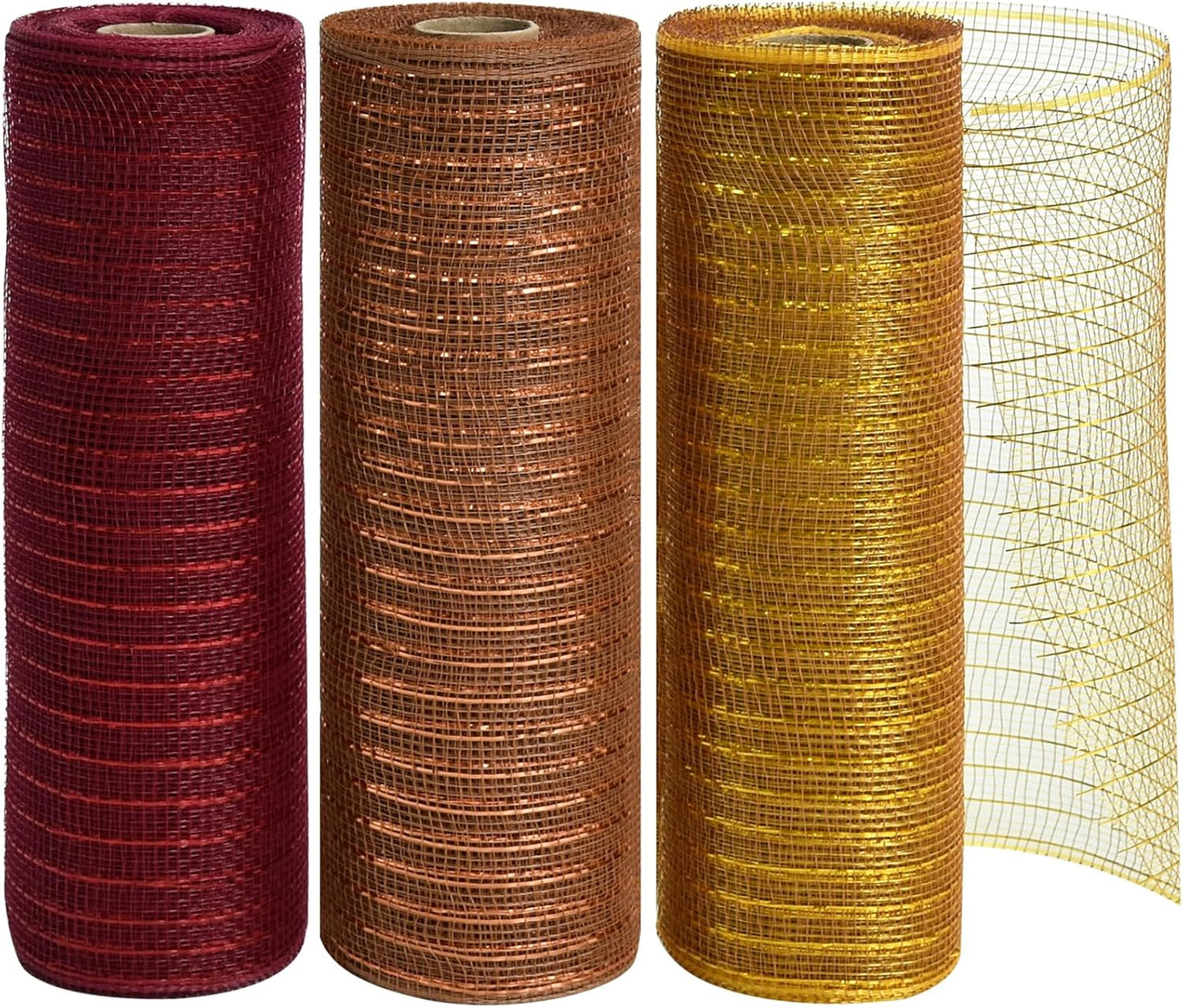 TONIFUL 10 Inch 3 Rolls DeepRed/Brown/Gold Thanksgiving Decorative Mesh Ribbons, Fabric Mesh with Foil for Tree Home Front Door Wreaths Decorations Supplies（3 Colors, 10yards/ roll）