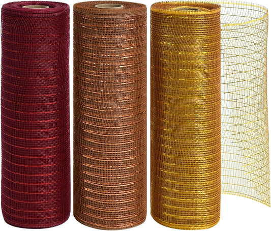 TONIFUL 10 Inch 3 Rolls DeepRed/Brown/Gold Thanksgiving Decorative Mesh Ribbons, Fabric Mesh with Foil for Tree Home Front Door Wreaths Decorations Supplies（3 Colors, 10yards/ roll）
