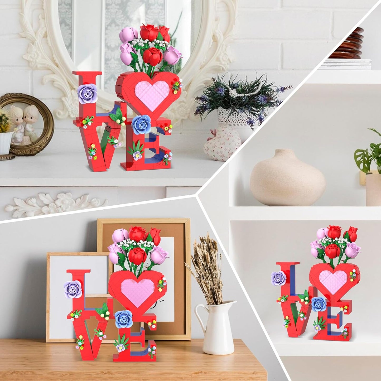 Romantic Love Heart Vase Building Set - 1216 Pcs Rose Flower Bouquet Building Kit for Adults - Creative Anniversaries Gifts for Women & Men, Unique Valentine’s Day Gifts for Her Him