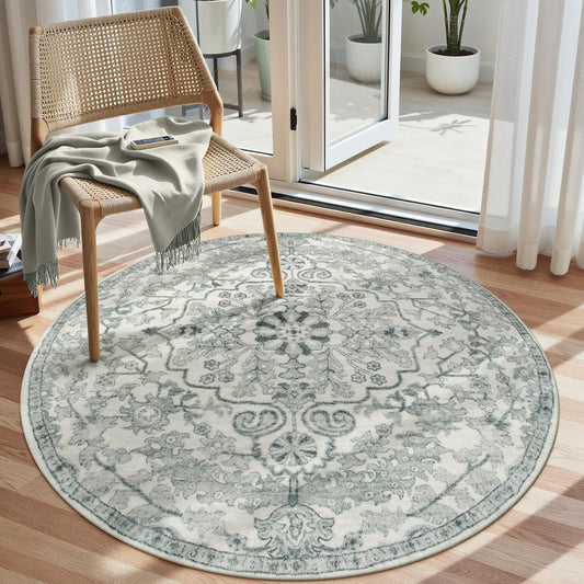 Lahome Round Rug 4ft, Soft Rug for Bedroom Machine Washable Office Circle Rug, Bohemian Medallion Non-Slip Non-Shedding Low Pile Printed Indoor Carpet for Kitchen Laundry Bathroom, Beige