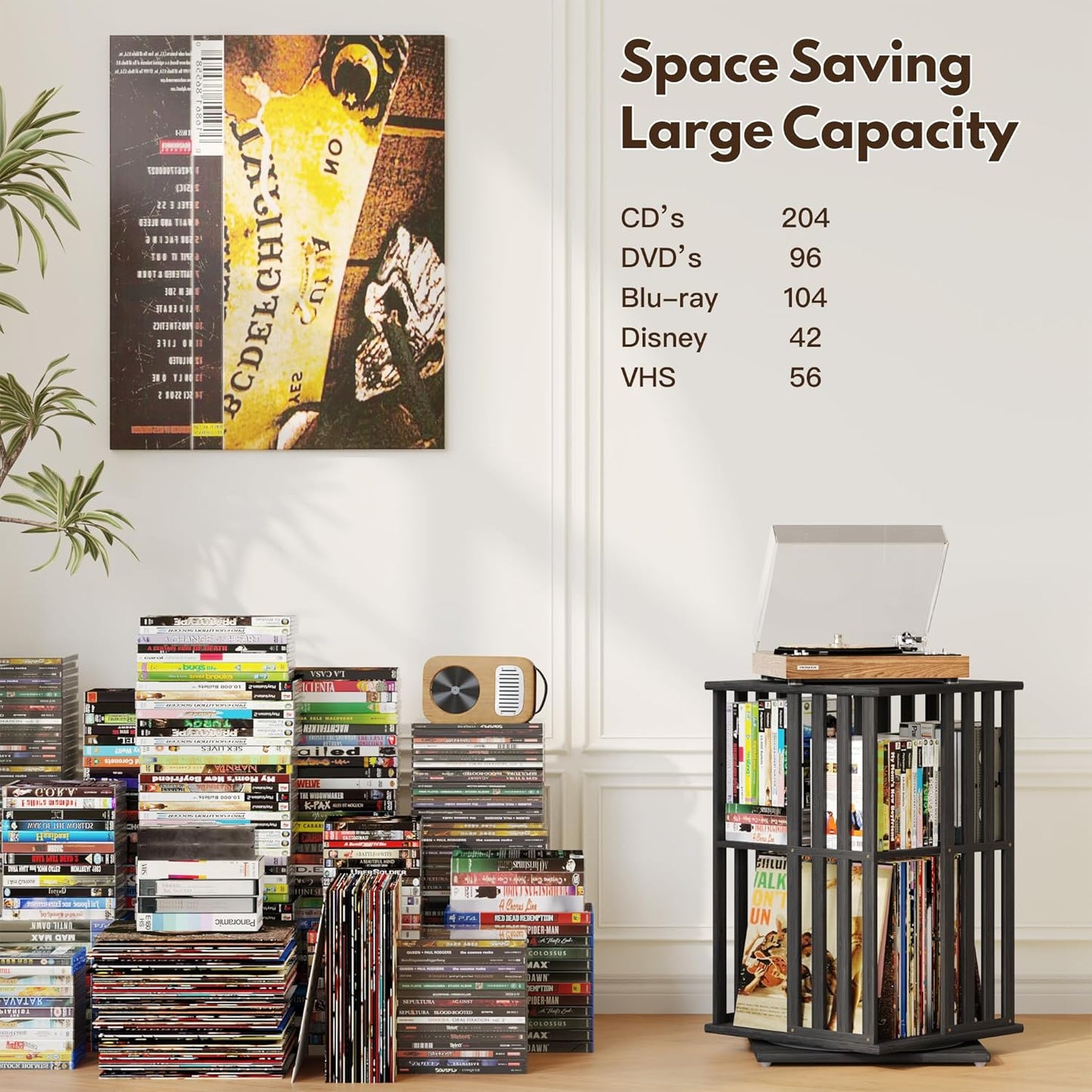 XIMN 360° Rotating Bamboo CD/DVD Shelf - 6-Tier Space-Saving Media Storage Cabinet for Movies, Organizer with Super Compact Design (Black, 2 Tier)