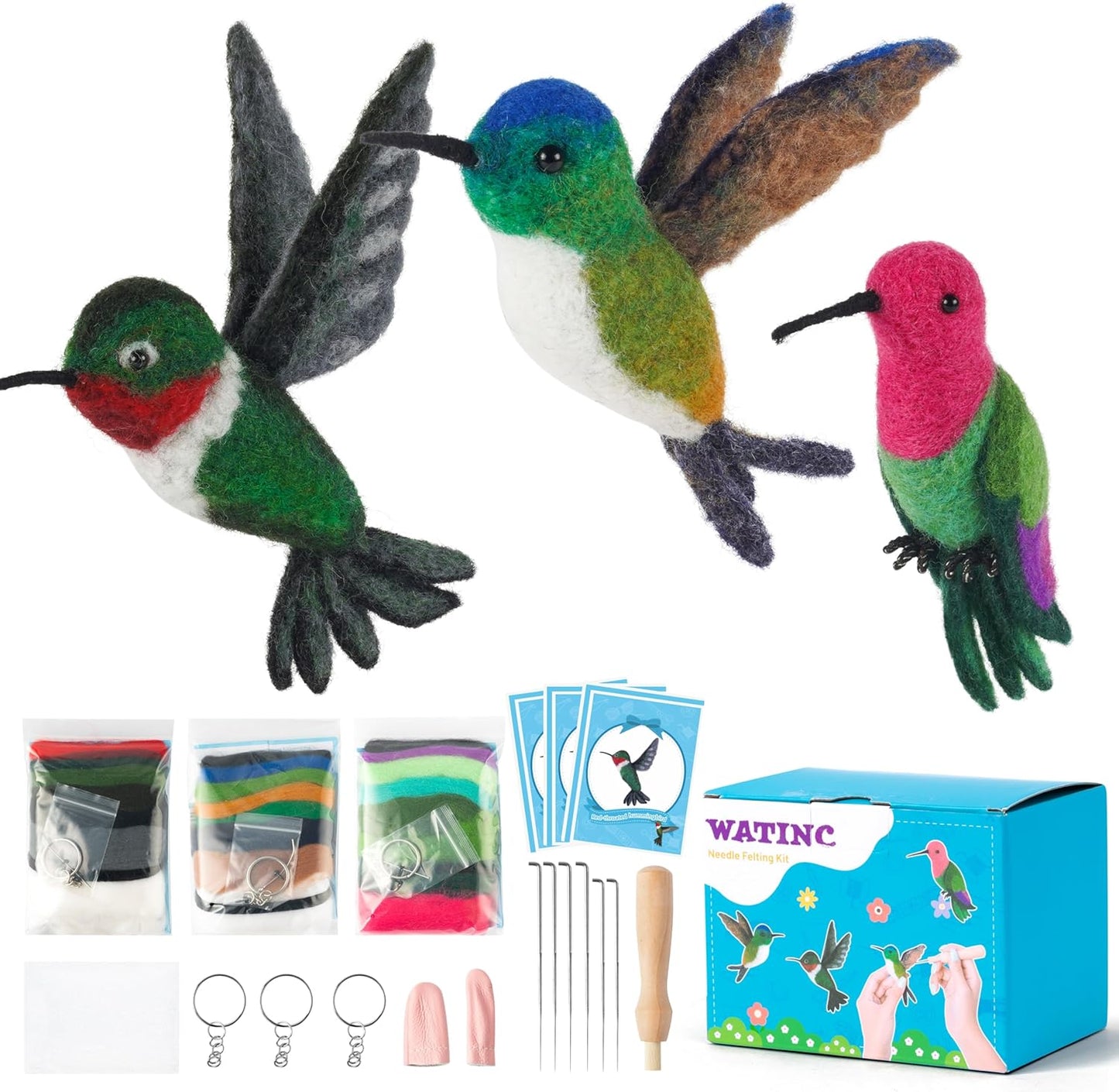 WATINC Needle Felting Kit - 3 Set Unique Different Cute Doll Wool Felt Needle Tools Foam Pad Instruction, DIY Home Decoration Craft Party Supplies for Art Work Starter Beginners (Hummingbird)