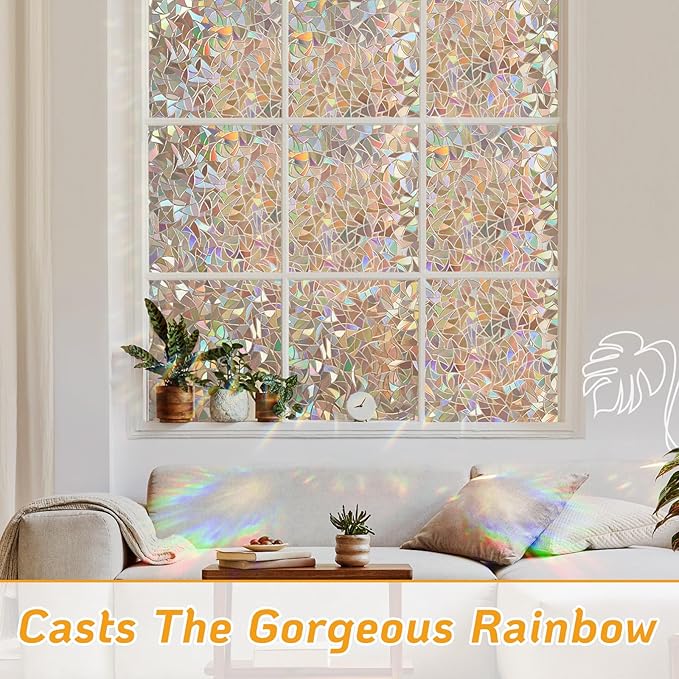 LUTE Window Privacy Film, Rainbow Window Flim, 3D Decorative Stained Glass Cling, Non-Adhesive Vinyl Static Cling Removable Glass Sticker, Sun UV Blocking Covering for Home, Brown, 35.4 x 78.7 inches