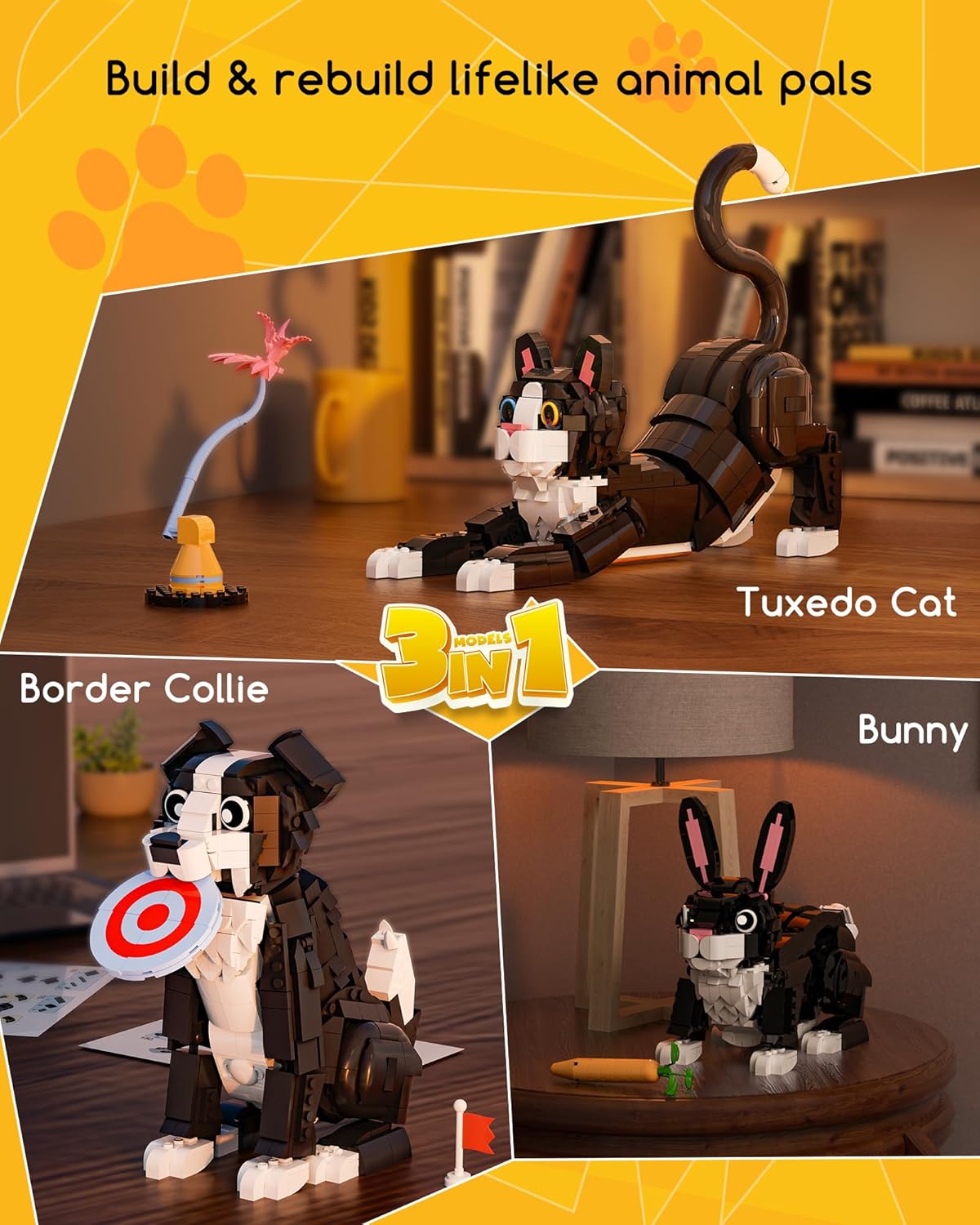 3 in 1 Animal Tuxedo Cat Building Set - Animal Figurines with 3 Building Options into Cat, Dog, or Rabbit - Learning Toy, Birthday Gift for Kids, Girls & Boys Ages 6+
