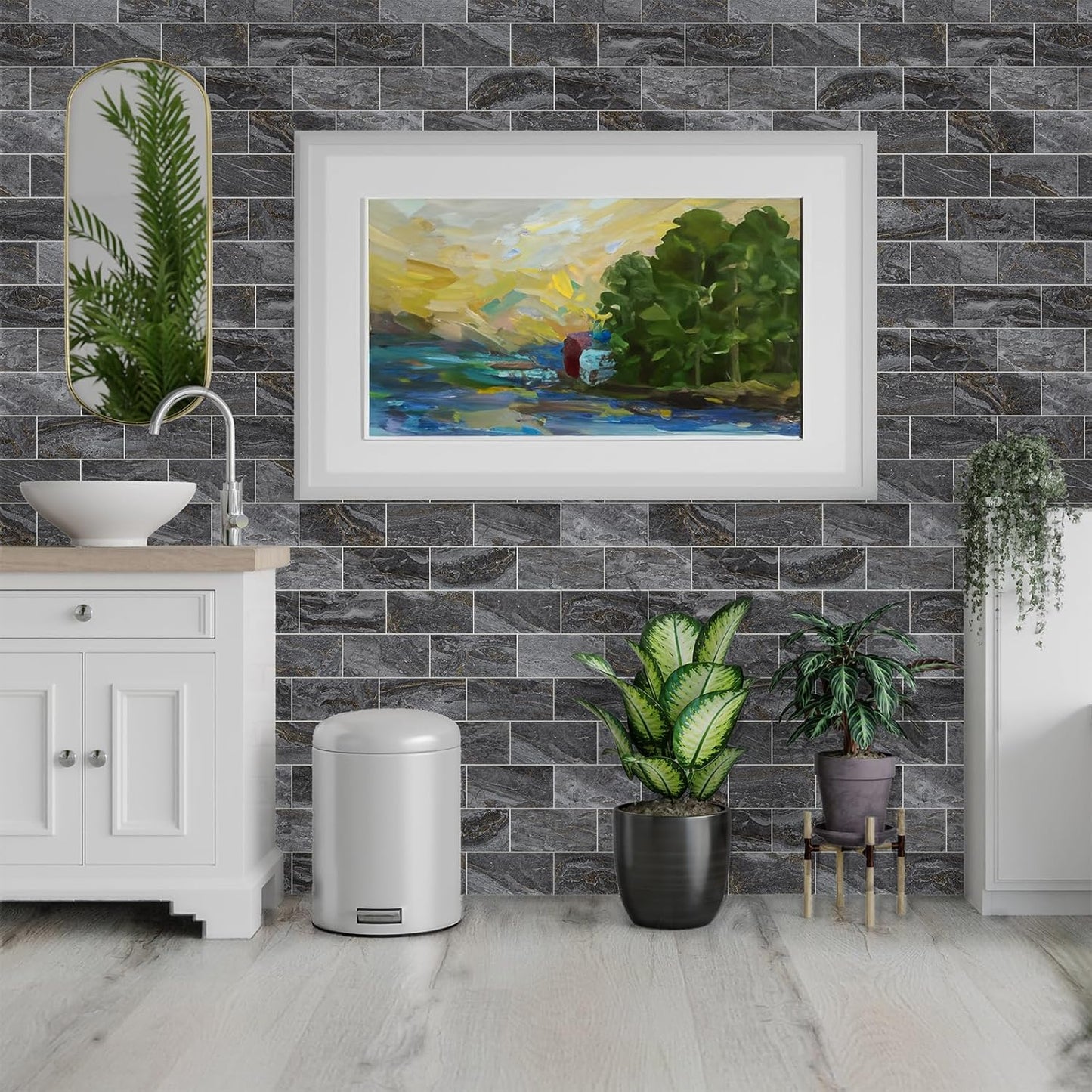 4 Pieces Peel and Stick Backsplash for Kitchen, 3" x 6" PVC Subway Tile 2025 Upgraded Gray-Gold Stone Backsplash Stick on Tile Elevate Kitchen Fireplace RV