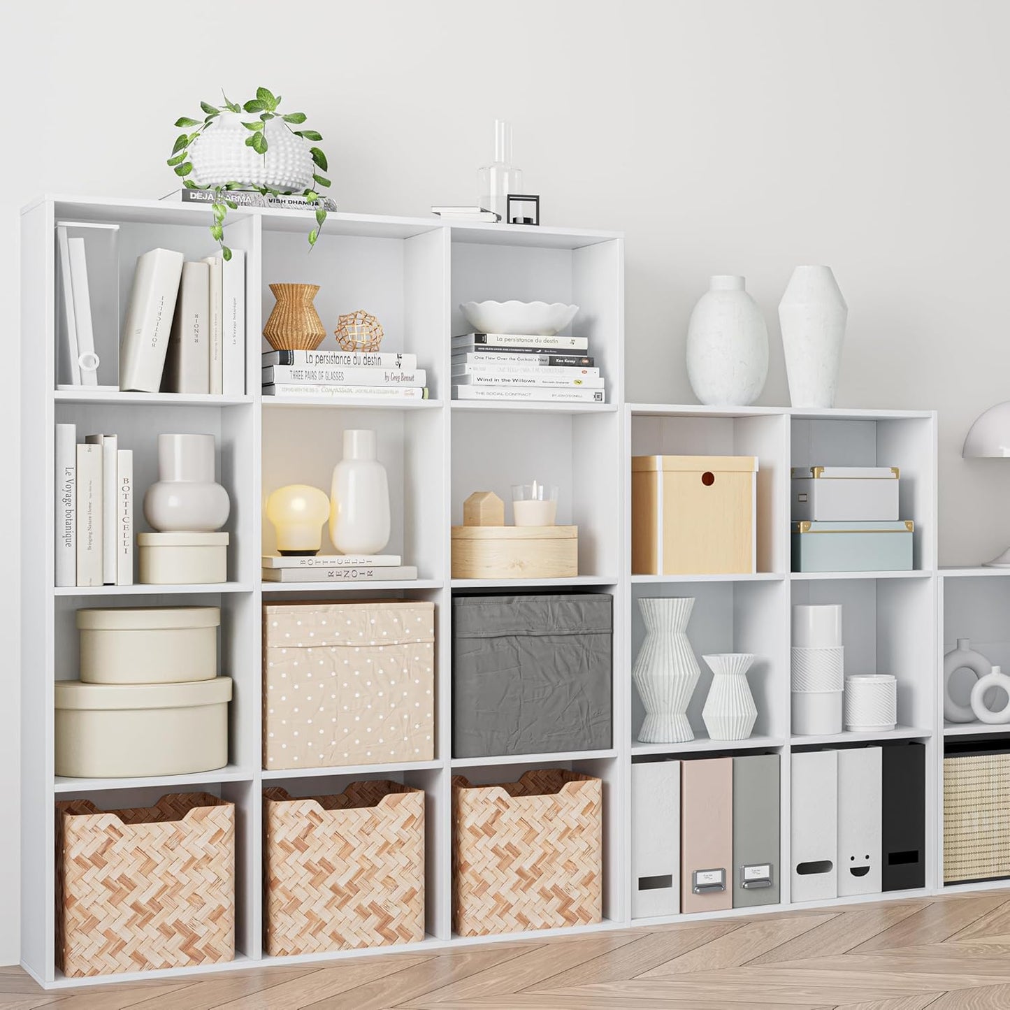 Wooden Storage Organizer with Closed Back Panel, 11in Cube Shelf Opening, Bookshelf, Display Shelf,Closet Cabinet for Home and Office (Embossed White, 9-Cube 35.98L*9.45W*35.91H)