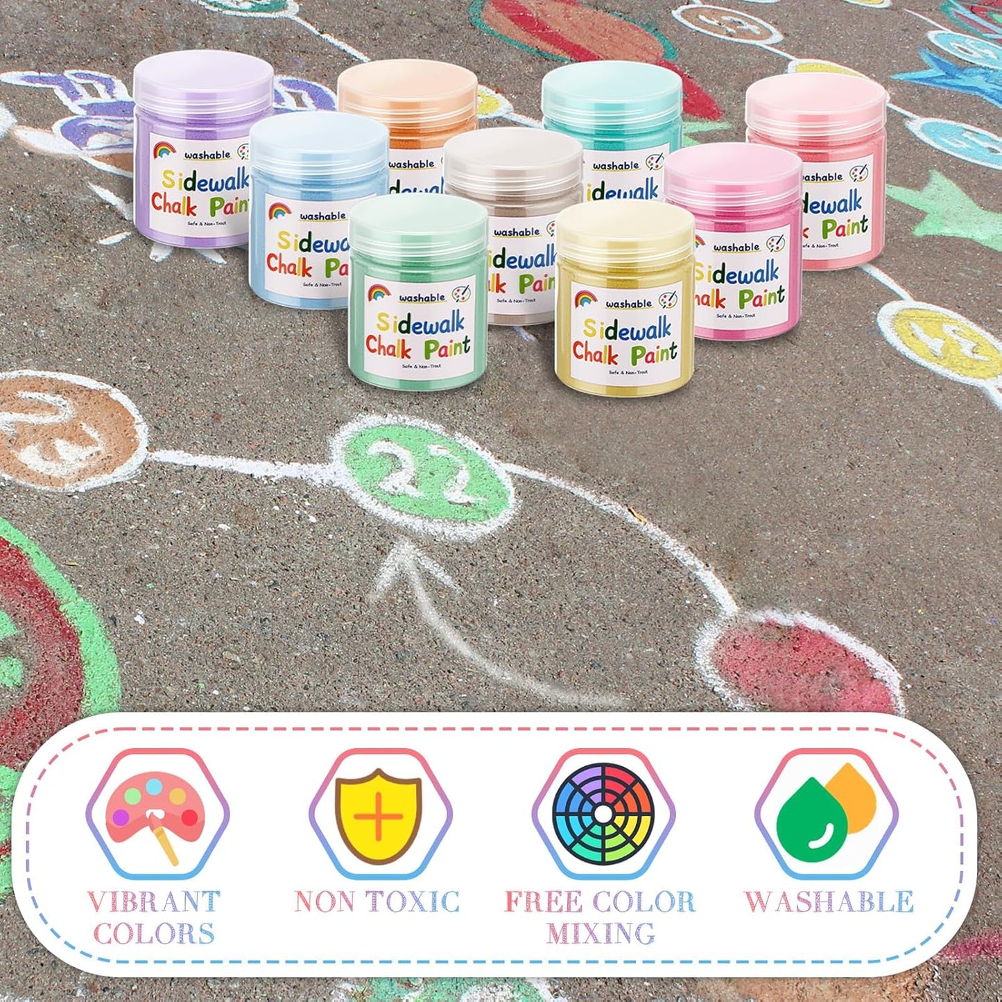 Faccito 9 Pcs Sidewalk Chalk Paint Kit Non Toxic Paint Washable Powdered Chalks Mix in Water 9 Vibrant Colors with Paintbrush for Creative Sidewalk and Chalkboard Fun