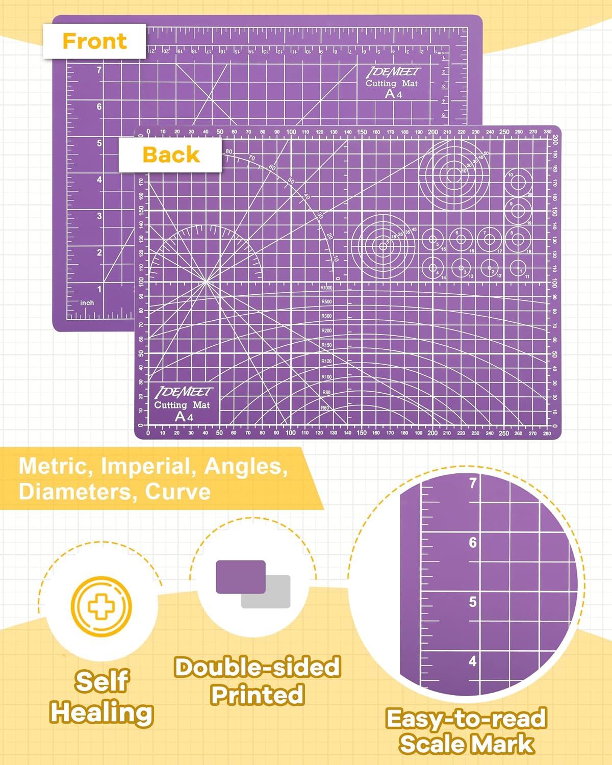 Density-upgraded 9"x12" Self Healing Cutting Mat, Idemeet Rotary Sewing Mat for Crafts, 5-Ply Blade Table Protector Cut Board for Fabric Leather Cutting Quilting Modeling Hobby Project, A4, Purple