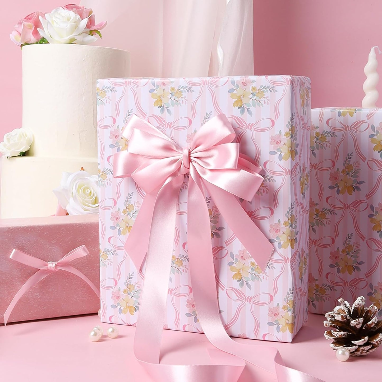 LaRibbons 1 1/2 Inch 50 Yard Double Faced Satin Ribbon,Light Pink Satin Craft Fabric Ribbon for Gift Wrapping Floral Bouquets Wedding Party Decoration