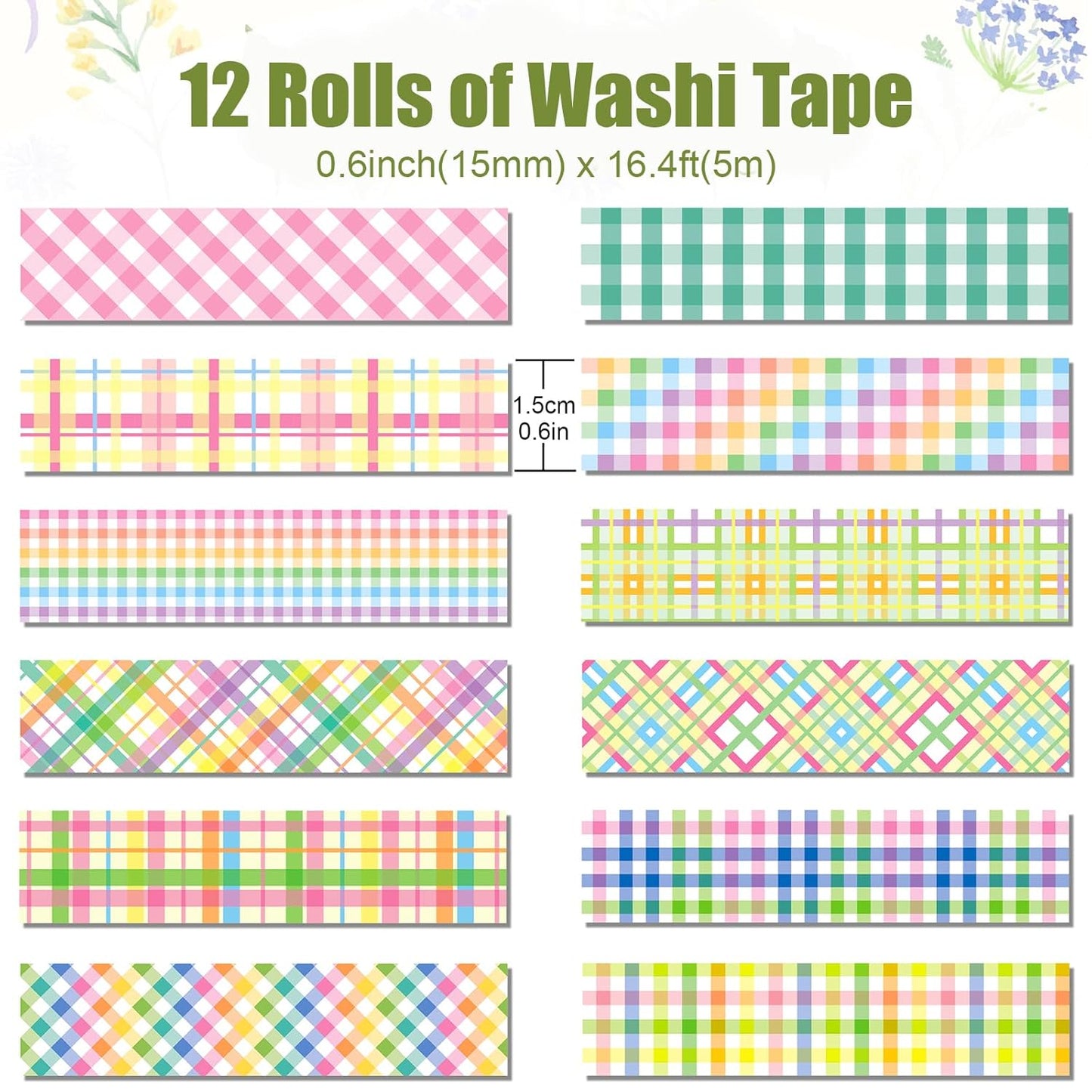 12 Rolls Plaid Washi Tape Set, Colorful Pastel Buffalo Plaid Checkered Masking Decorative Adhesive Tapes for DIY Craft Scrapbook Journals Gift Wrapping Thanksgiving Christmas Party Decor 16.4FT