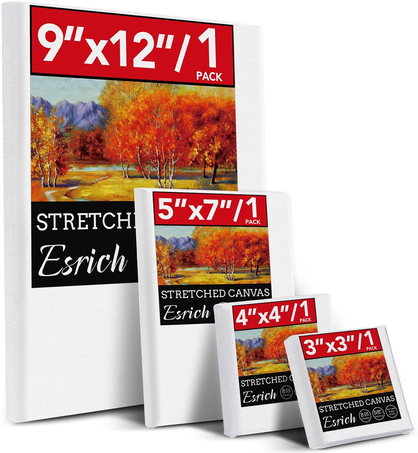 ESRICH 4 Pack Stretched Canvas for Painting with 9x12, 5x7, 4x4, 3x3, Primed Acid-Free Cotton Blank Canvases for Painting, Painting Canvas for Oil & Acrylic Paint.