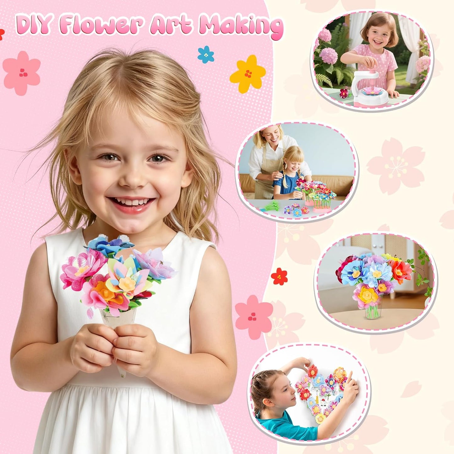 GirlsHome 300+PCS Fabric Flower Bouquets Toys, DIY Flower Crafts Kits for Kids, Arts and Crafts for Kids Ages 6-8 Girls, Build Flower Bouquet, STEM Educational Toy Preschool Gifts (White Pink)