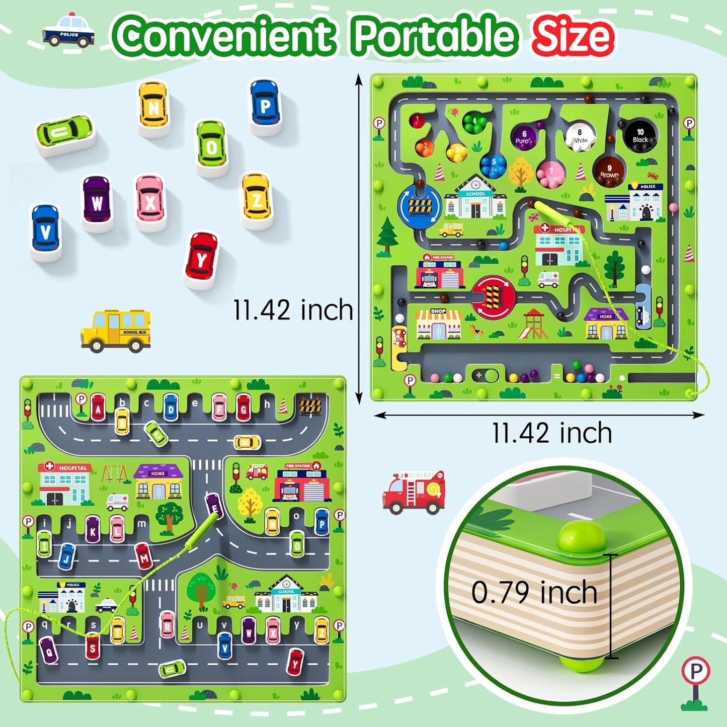 2 in 1 Magnetic Color and Number Maze Magnet Alphabet Counting Double Sided Board Wood Puzzle Fine Motor Skills Montessori Preschool Toys Gifts for Boys and Girls 3-5 Age (Big Car, One Size)