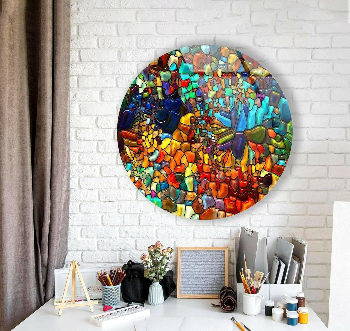 My Photostation.com 39,4''(100cm) Diameter Red Mosaic Round Glass Wall Art Tempered Glass Printing Wall Decor Large Wall Art Wall Hangings
