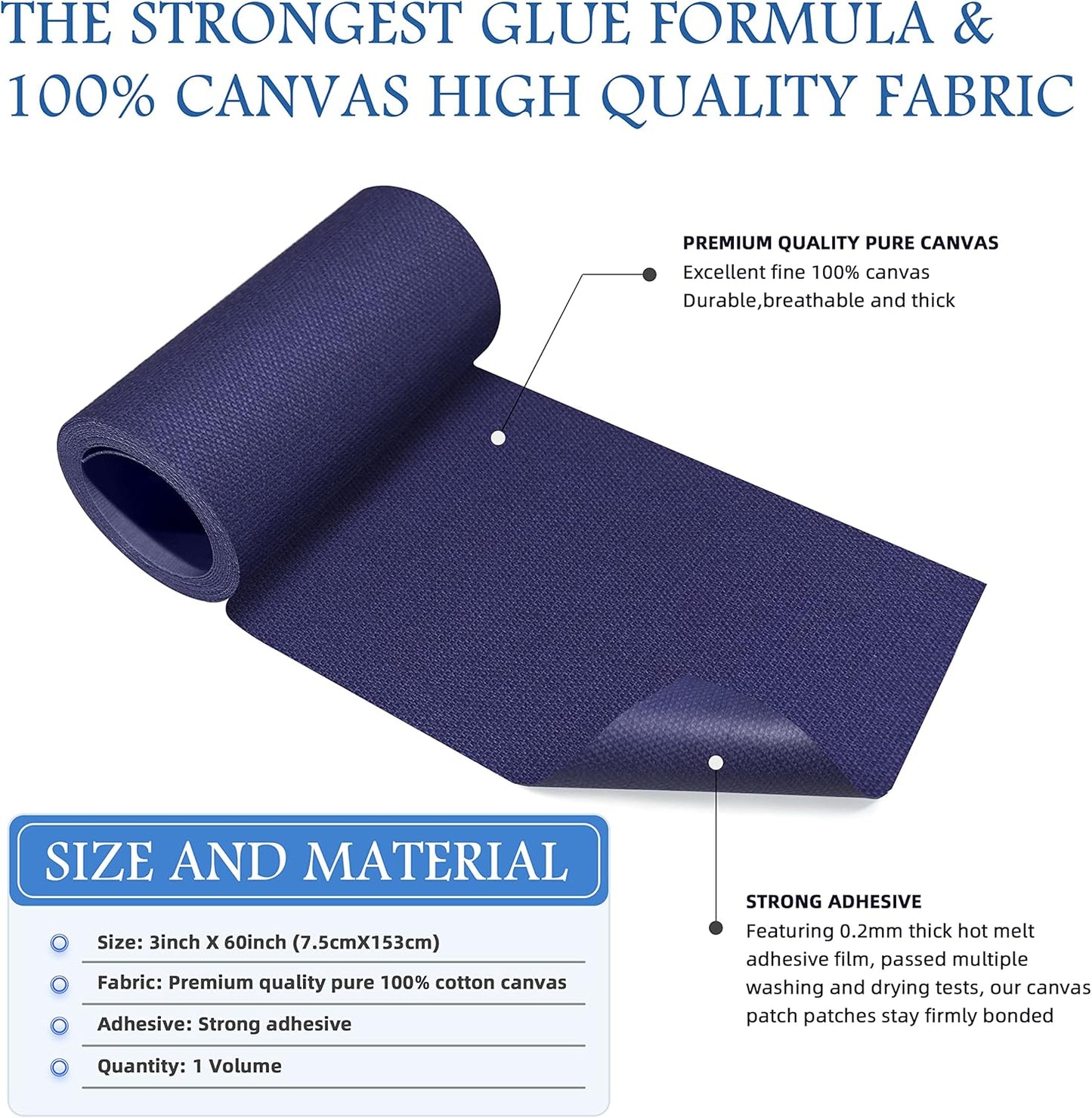 KING MOUNTAIN Canvas Iron on Patch,3"×60",Waterproof 100% Cotton Fabric Repair Patch,Used for Various Sofa,Tent,Clothes,Seats,Suitcases (Dark Blue)