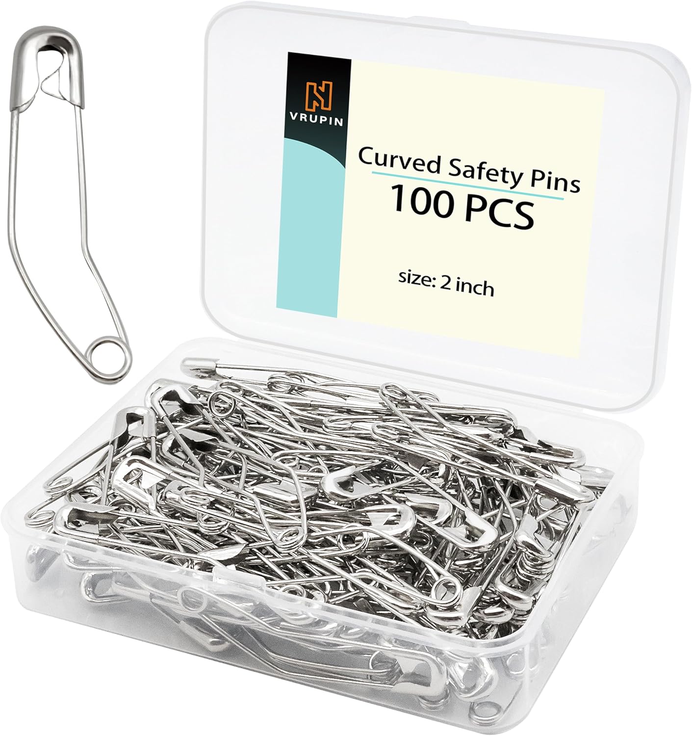 vrupin 100pcs Stainless Steel Curved Safety Pins for Quilting, Safety Pins Bulk Metal Silver Sewing Pins Clothing Clips Tool Decorative Safety pins (2inch)