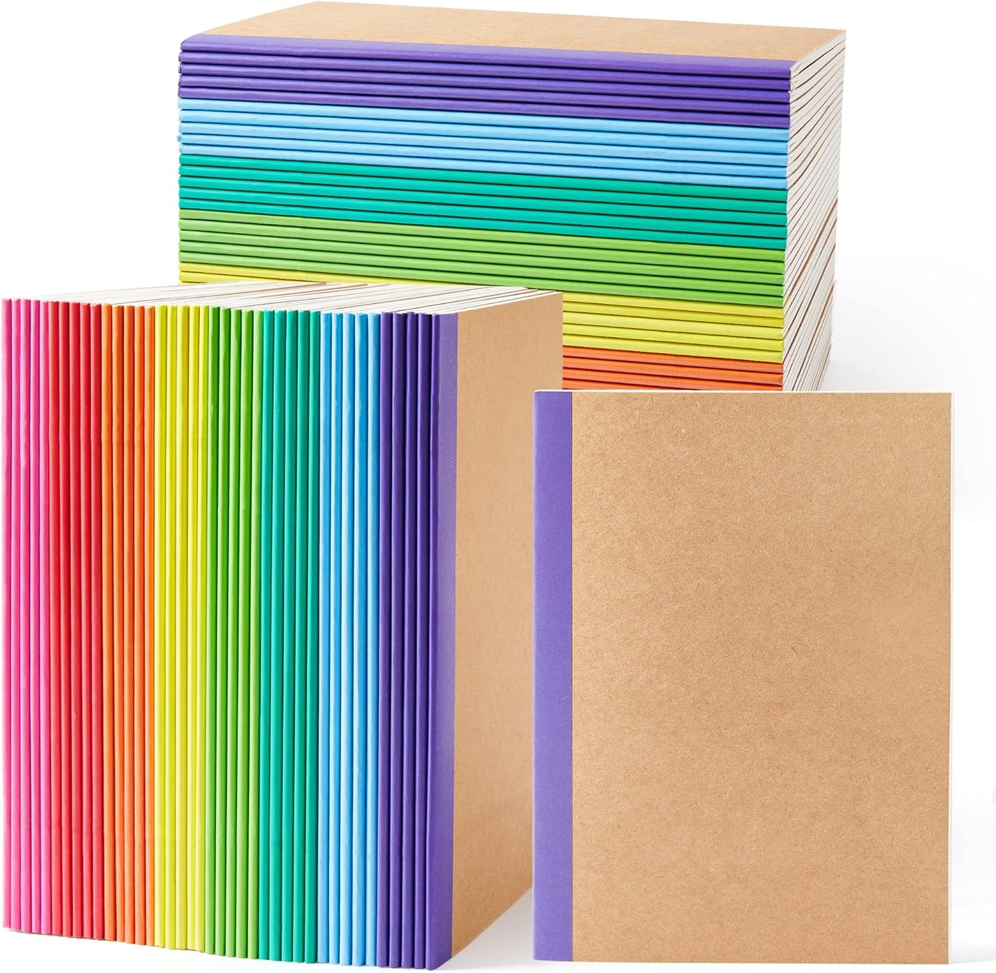feela 80 Pack Composition Notebooks Bulk, Kraft Cover Lined Blank College Ruled Composition Travel Journals with Rainbow Spines For Women Students Business, 60 Pages, 8.3”x 5.5”, A5, 8 Colors