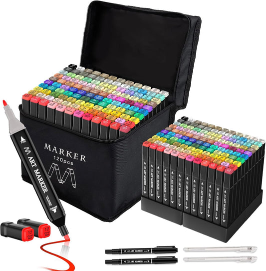 Banral Alcohol Markers Set, 120 Colors Dual Tip Alcohol Based Art Markers Pens for Artists, Permanent Drawing Markers for Adult Coloring Sketching Illustration with Case and Holders