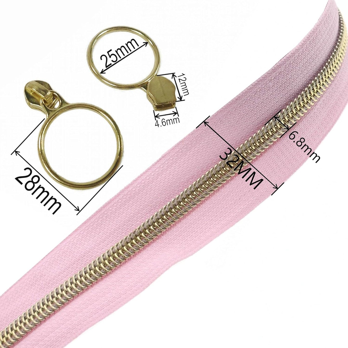 Leekayer #5 Gold Metallic Nylon Coil Zippers by The Yard Bulk 10 Yards Pink Zipper Tape with 25pcs Gold Ring Pull Sliders for DIY Sewing Tailor Craft Bag(Pink)