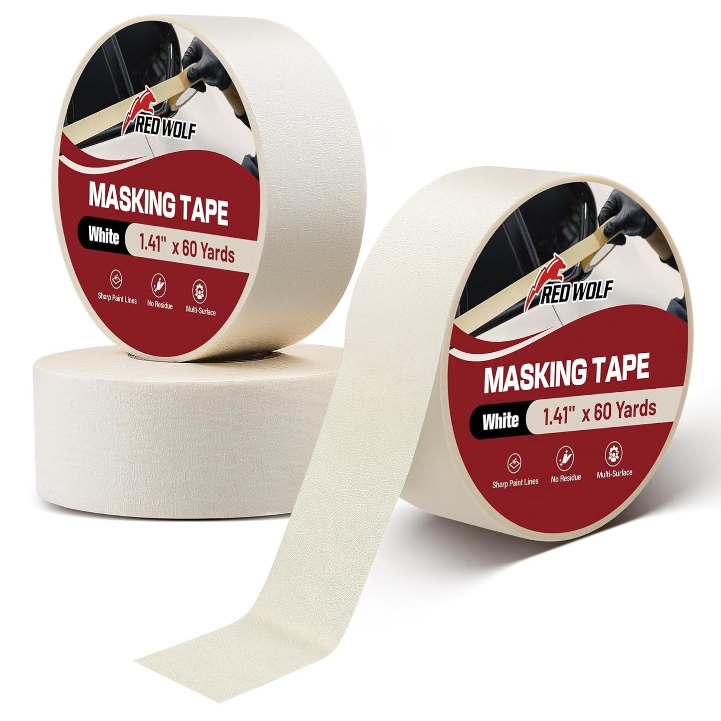 RED WOLF 1.41" x 60 Yards Masking Tape 3 Pack, General Purpose for Painting Arts Crafts Label Car Painting, Sharp Paint Line No Residue Painters Tape White Beige Crepe Paper Tape Heat Resistance