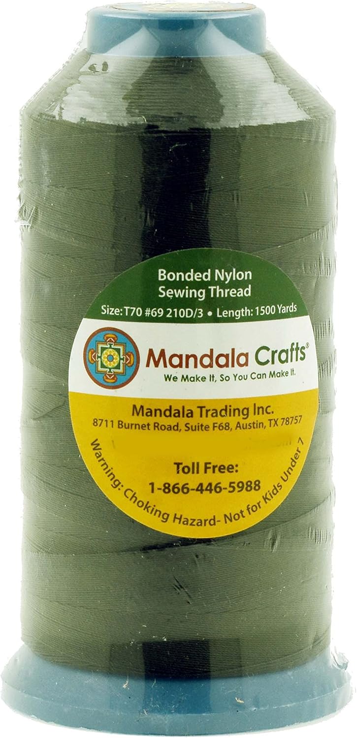 Mandala Crafts Bonded Nylon Thread Olive Green Heavy Duty Sewing Threads - 1500 YDs Size 69 210D T70 Tex 70 Thread for Leather Jeans Weaving Outdoor Marine Upholstery Threads