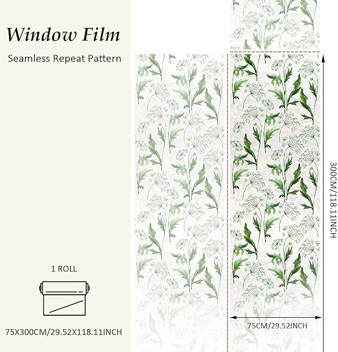 Rainbow Watercolor Green Leaves Window Film, Privacy Iridescent Static Cling Double-Sided Decals for Window Door Glass Decor, Wild Grass, 118.11" x 29.52"
