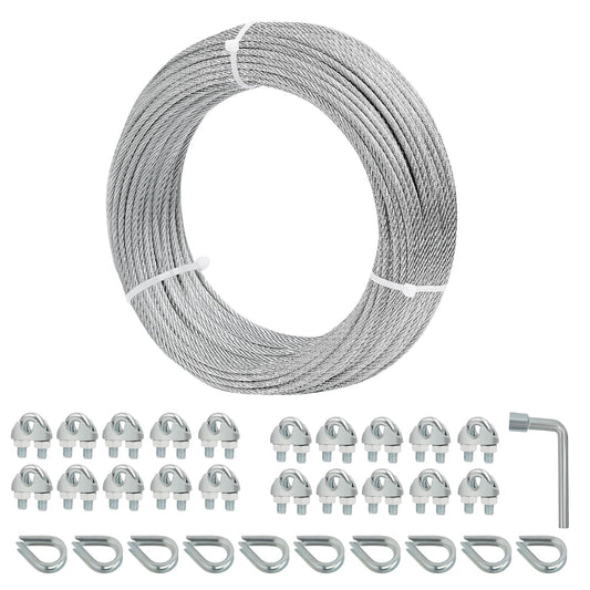 1/8 Galvanized Steel Wire Rope Cable, 100FT Galvanized Steel Cable with Rope Clamp and Thimble, 7X7 Strand Core Aircraft Cable Used for Anchored Shed, Fencing, Sunshade, Clothesline,